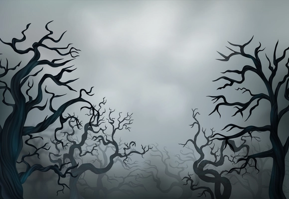 Halloween leafless trees silhouettes with spooky dry branches in fog on background with grey sky realistic vector illustration