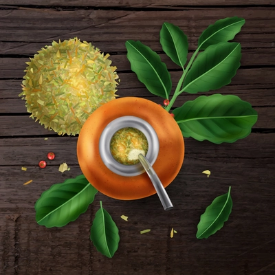 Fresh mate tea in calabash on wooden surface with green leaves top view realistic vector illustration