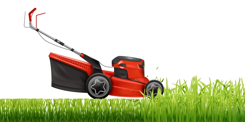 Electric lawn mower mowing green grass realistic vector illustration