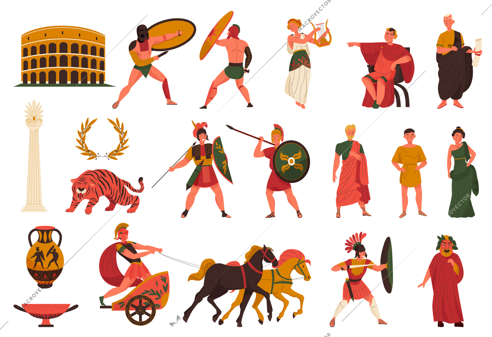 Ancient roman culture and history symbols set with colosseum amphora gladiator warrior emperor slave citizens flat isolated vector illustration