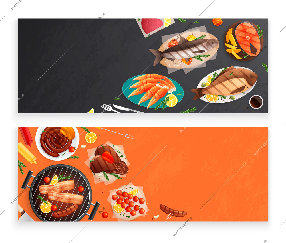 Bbq grill party flat horizontal banners set with images of served dishes roasted meat and fish vector illustration
