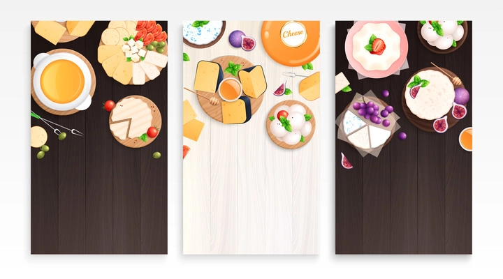 Cheese set of three vertical cards with flat images of wooden trays and dishes with slices vector illustration