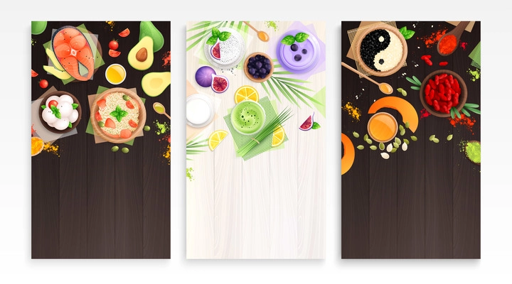 Superfood set of three vertical cards with wooden background and flat images of healthy food dishes vector illustration