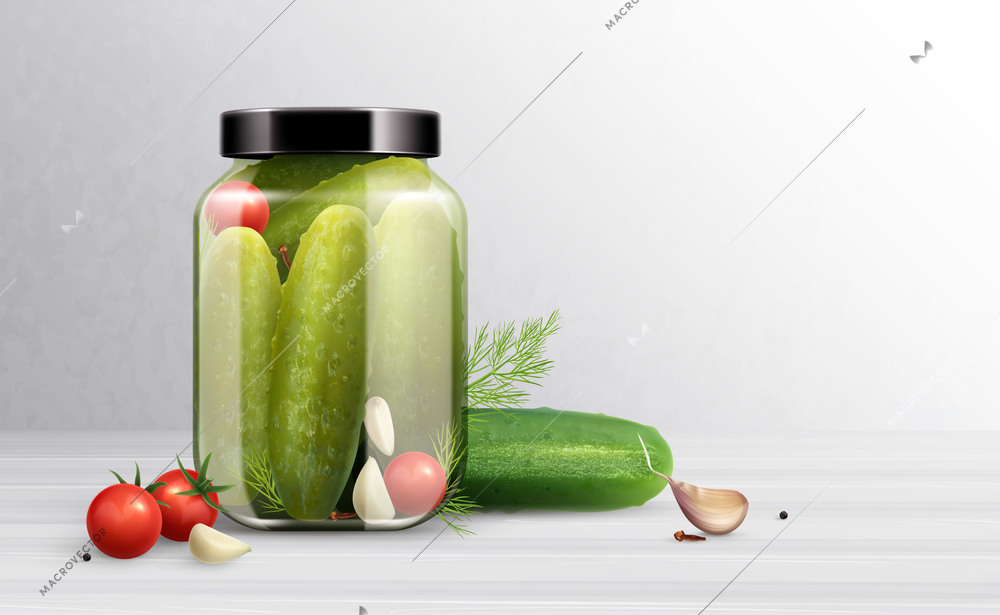 Cucumbers realistic composition with front view of pickled cucumbers in glass can with tomatoes and garlic vector illustration