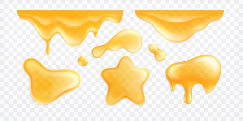 Blots realistic set of isolated spots of orange liquid juice with different shapes on transparent background vector illustration