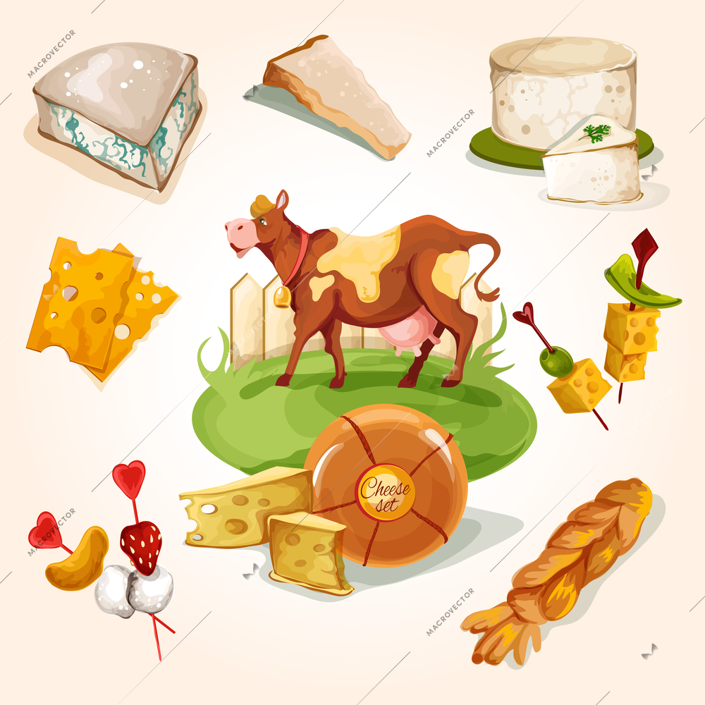 Natural cheese concept with food assortment and cow colored decorative icons set vector illustration