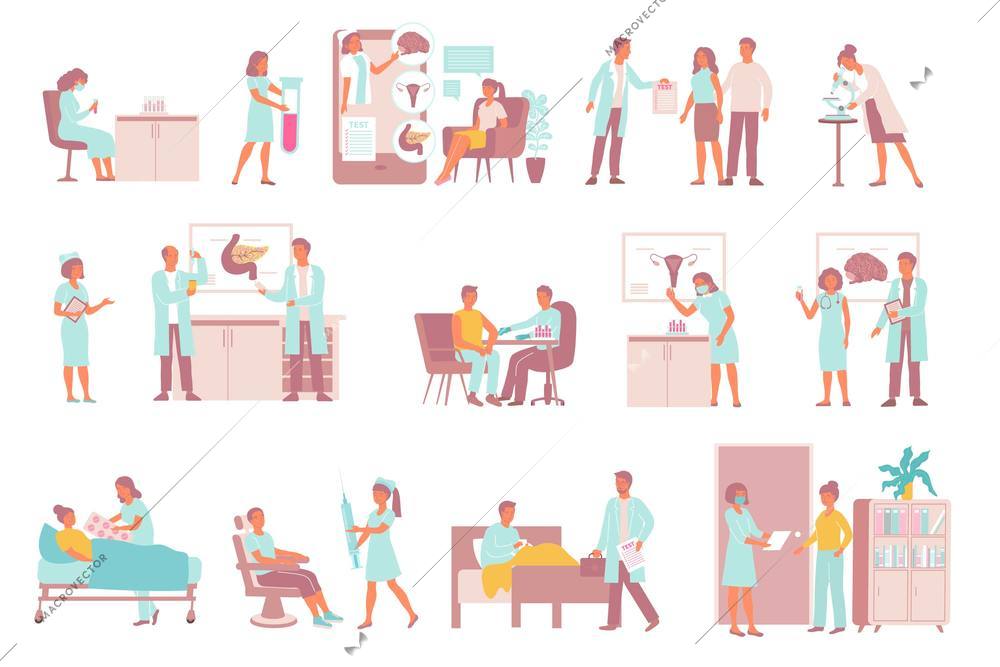 Set of flat isolated compositions with hormones treatment icons human characters of doctors and clinical patients vector illustration
