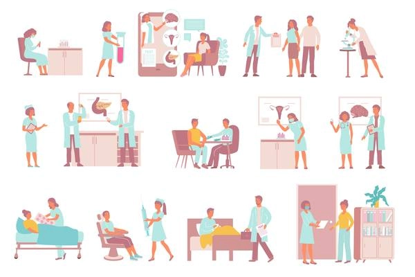 Set of flat isolated compositions with hormones treatment icons human characters of doctors and clinical patients vector illustration