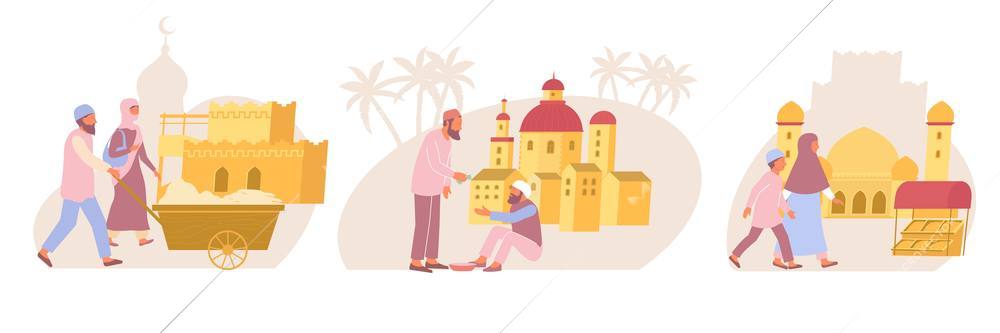 A set of compositions from an Arab city where people do something in pairs flat vector illustration