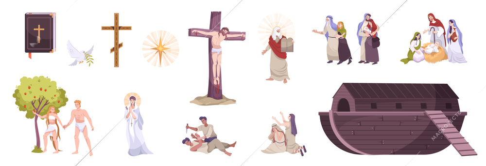 Christianity history symbols bible cross crucifixion saint sin noah arc jesus birth moses commandments flat set vector illustration