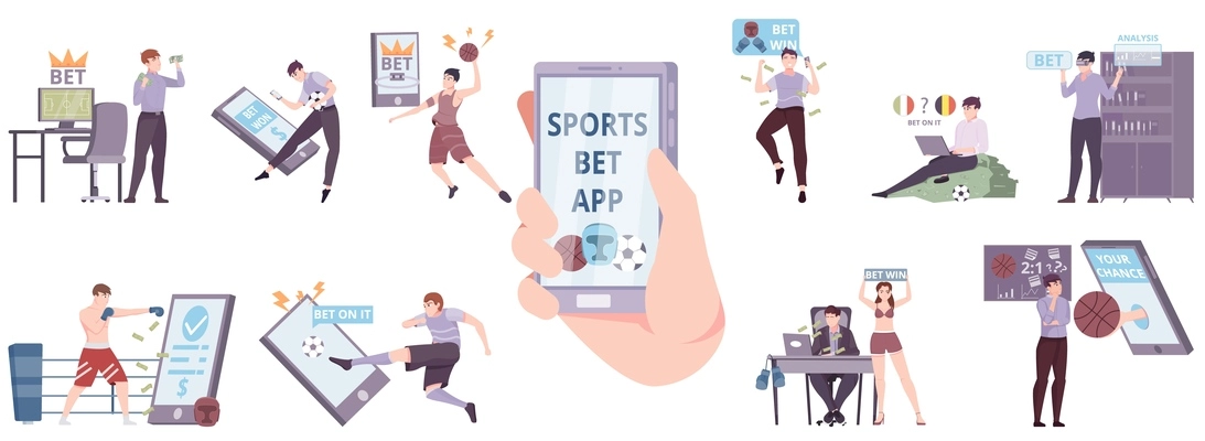 People betting online flat set with sports bet app on smartphone screen in human hand isolated vector illustration