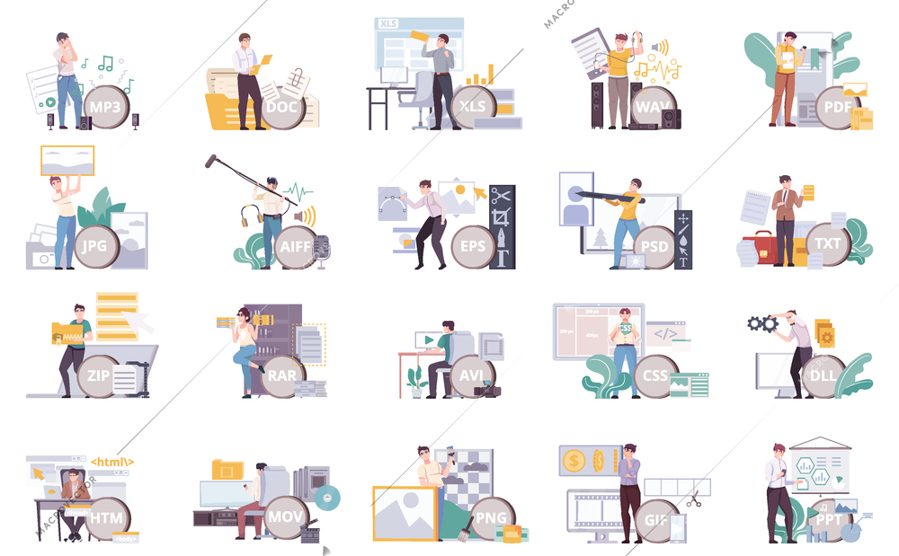 File type set with isolated icons of flat working places and professionals with different extensions text vector illustration