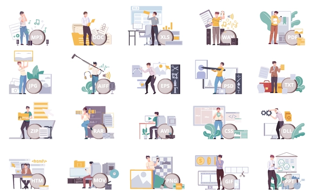 File type set with isolated icons of flat working places and professionals with different extensions text vector illustration