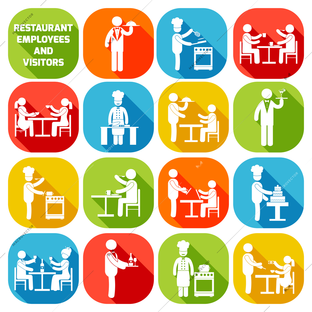 Restaurant employees and visitors white pictogram people icons set isolated vector illustration