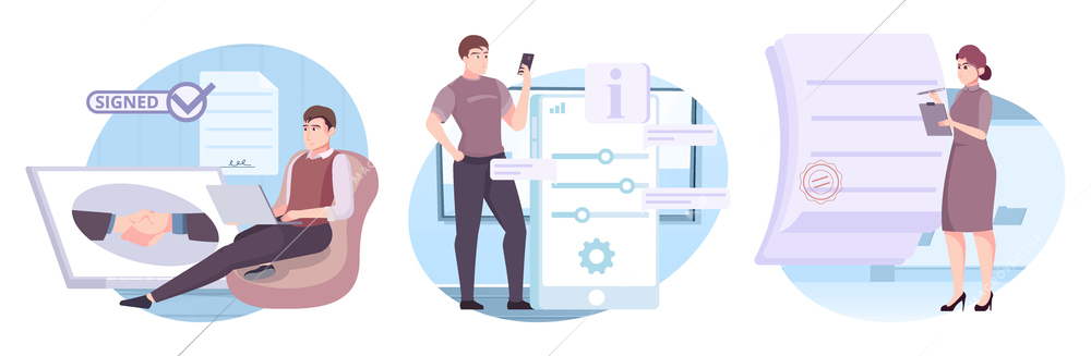 Document compositions set with flat human characters signing and sealing documents in paper and electronic form vector illustration