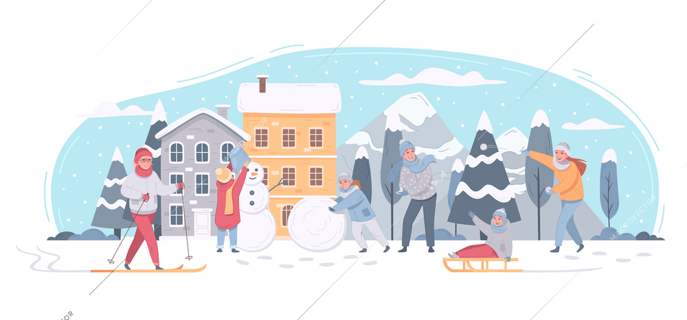 Winter sports leisure activity composition with horizontal cityscape town houses mountains and trees with human characters vector illustration