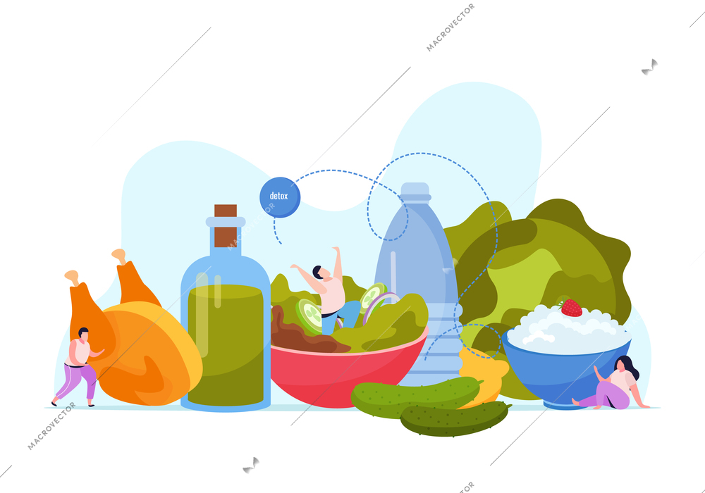 Ketogenic diet flat background with small human characters and images of vegetables oil milk and chicken vector illustration