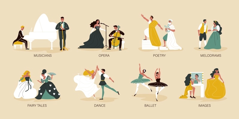 Flat theatre compositions with human characters of actors dancers and musicians performing on stage isolated on color background vector illustration