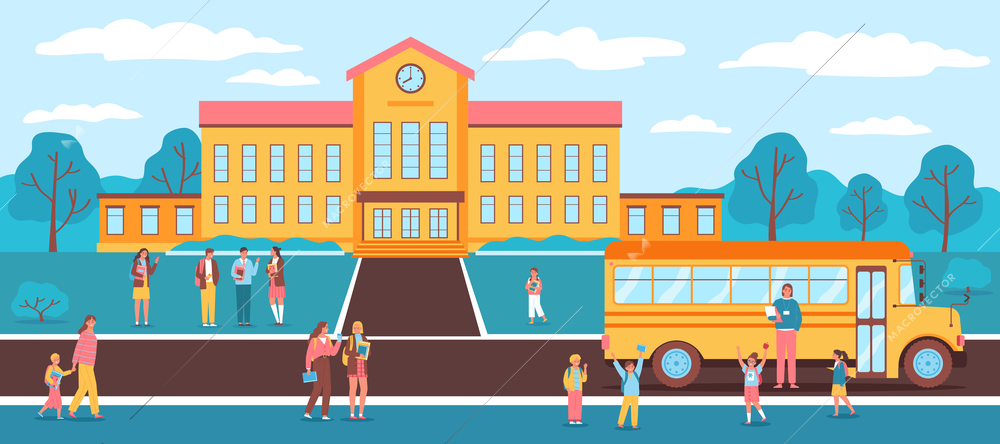 A yellow school bus stands near the school and waits for pupil flat vector illustration