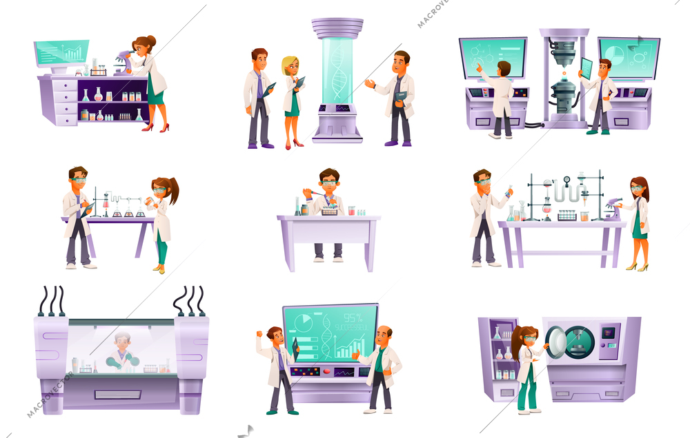 Scientists isolated cartoon icon set laboratory scientists research substances in test tubes in microscopes on monitor screens vector illustration