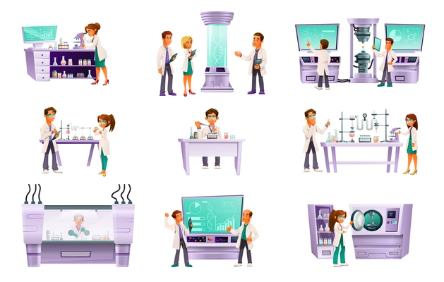Scientists isolated cartoon icon set laboratory scientists research substances in test tubes in microscopes on monitor screens vector illustration