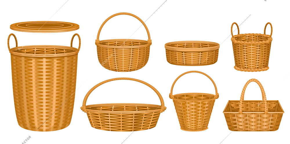 Wicker basket set with isolated images of wooden baskets with wooden baskets on pure blank background vector illustration