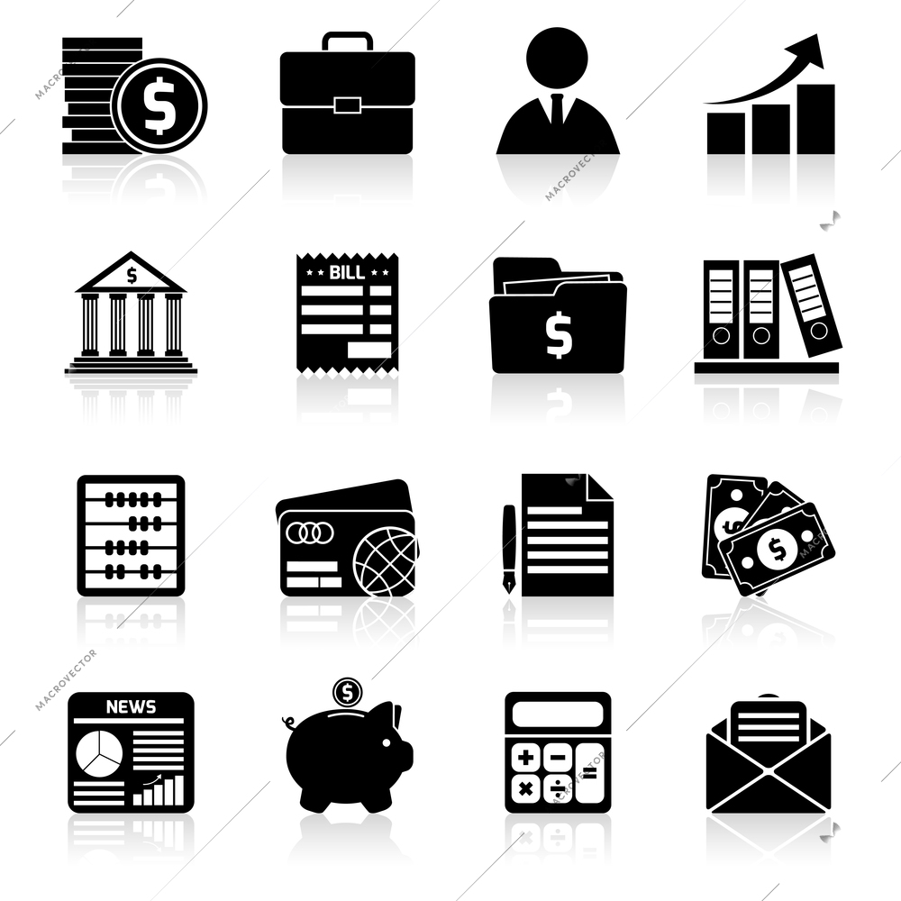 Accounting money exchange budget savings stock black icons set isolated vector illustration