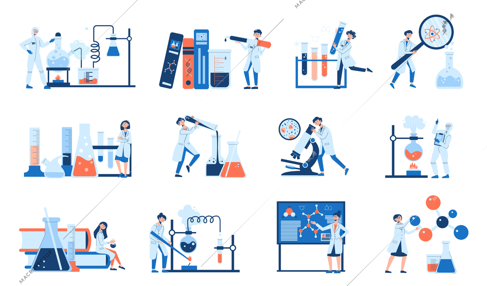 Science laboratory icon set scientists and researchers of the laboratory conduct experiments and analyses vector illustration