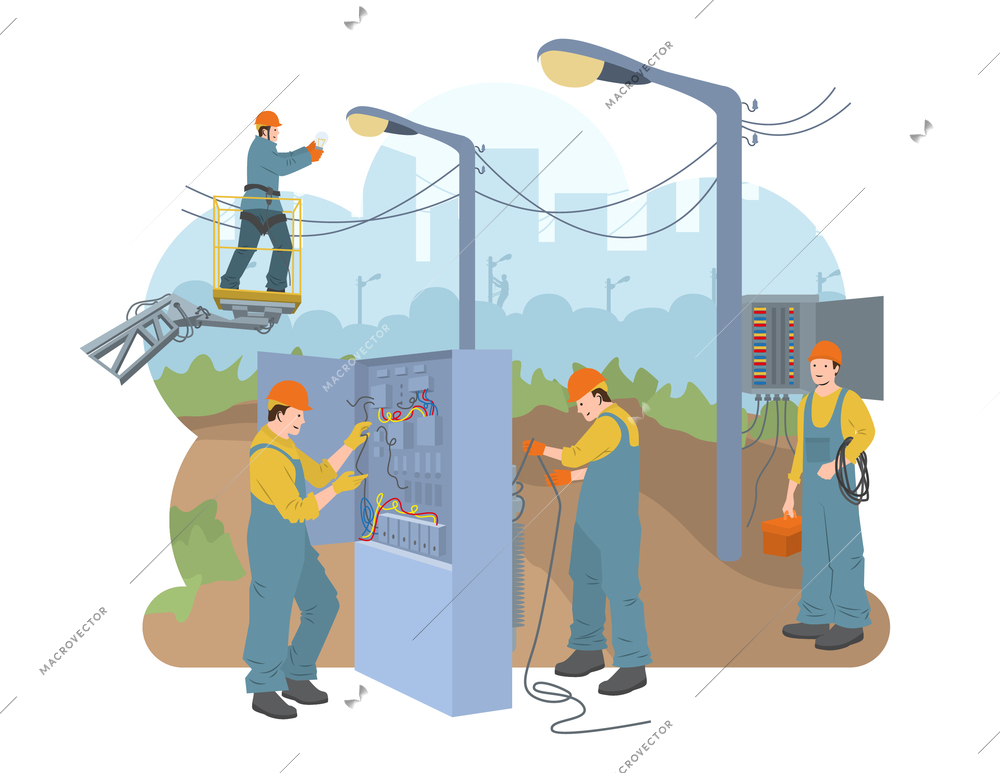 Electric workers flat composition with staff performing maintenance job of electric switchboards and city lighting line vector illustration