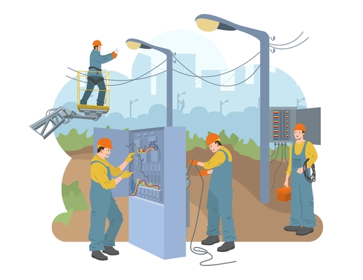 Electric workers flat composition with staff performing maintenance job of electric switchboards and city lighting line vector illustration
