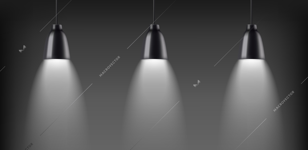 Lamps monochrome composition with three identical metallic lampshades hanging cord and shining down realistic vector illustration