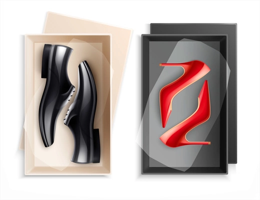 New men women footwear in shoe boxes realistic set of formal black and red high heels vector illustration