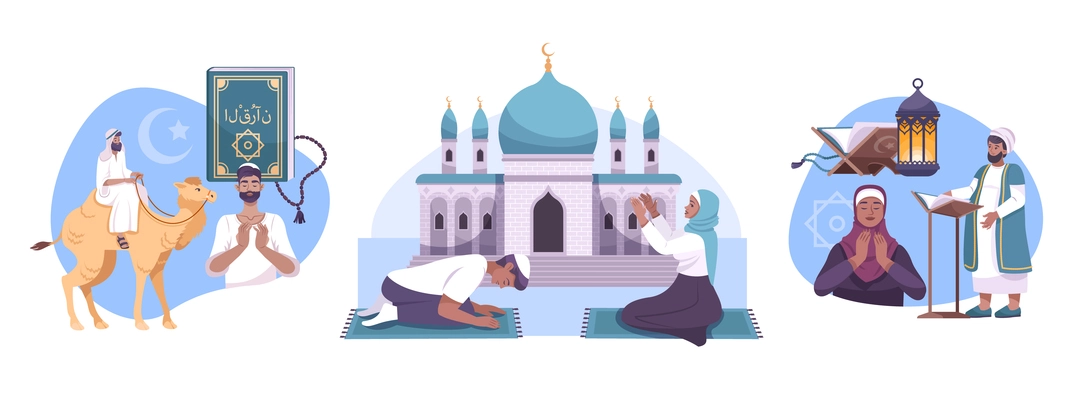 Set of three isolated islam compositions with flat characters of prayers mullah mosque building and camel vector illustration