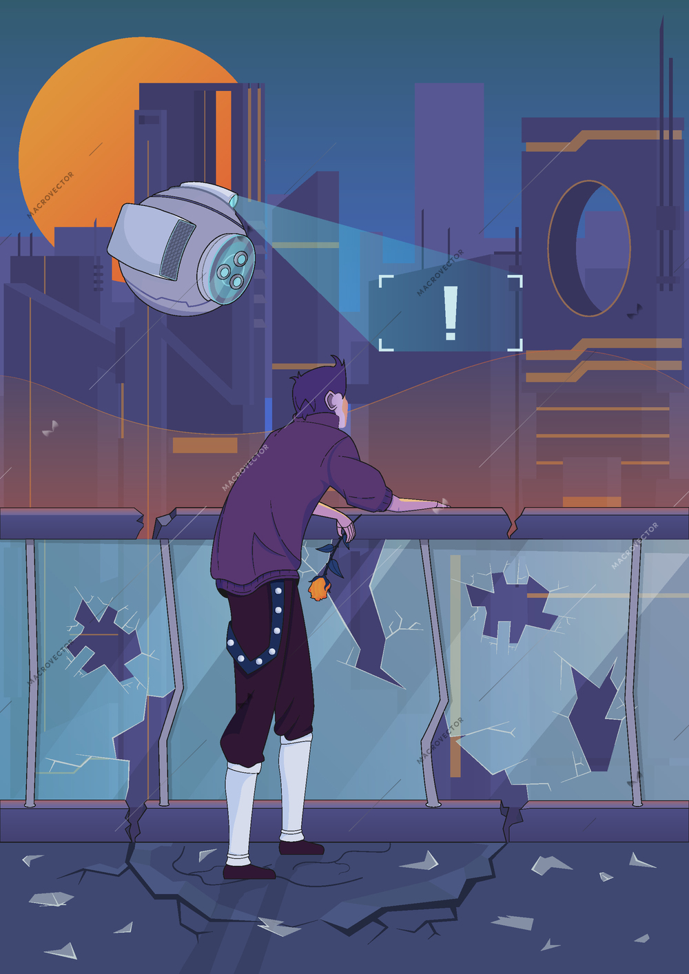 Cyberpank design concept with hipster in destroyed city looking for futuristic flying object flat vector illustration