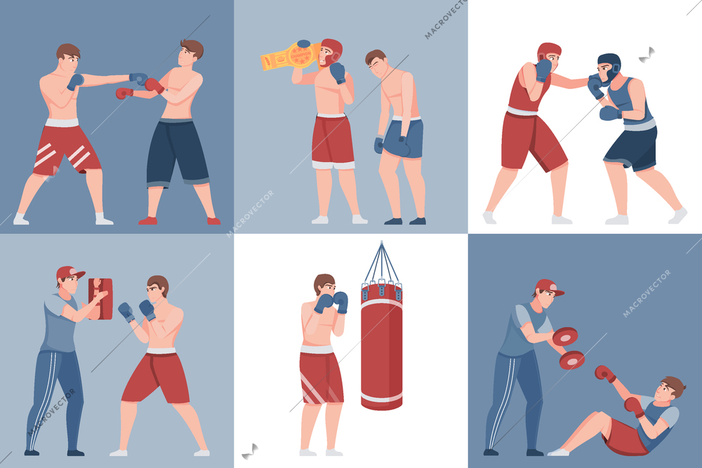 Boxing six square compositions with athletes  practicing fight each other and training with coach flat vector illustration