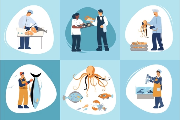 Flat composition set with various seafood human characters catching cooking selling fish serving meal isolated vector illustration