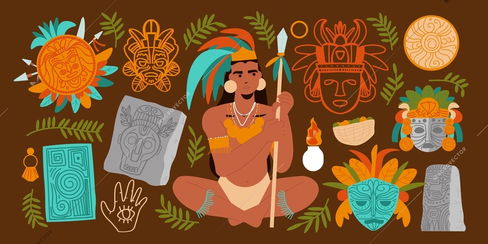 Flat maya civilization big set with male warrior holding spear masks stone idols leaves isolated on brown background vector illustration