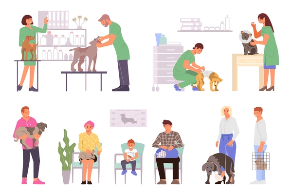 Veterinary clinic set of flat isolated icons characters of waiting pet owners and working medical specialists vector illustration