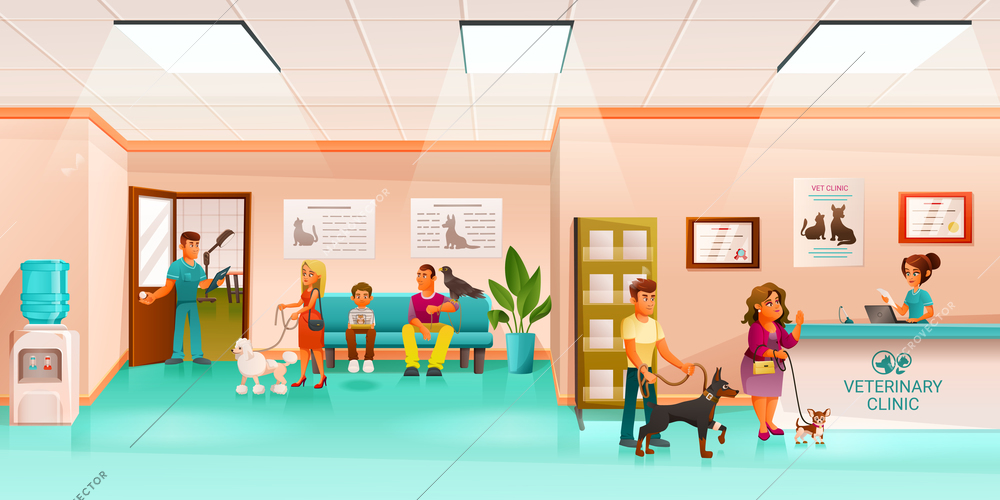 Veterinary clinic cartoon composition with view of reception hall with human characters and pets vector illustration