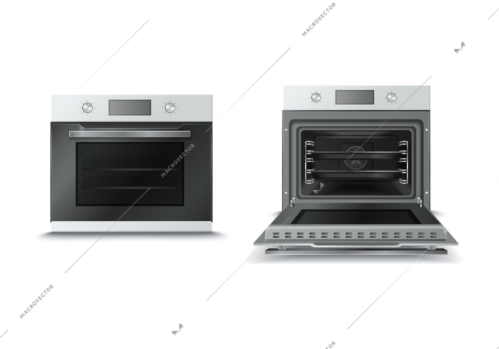 Household kitchen appliance cooker range combining stove and oven with opened and closed door realistic vector illustration