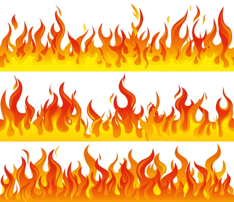 Fire flame seamless border icon set with different types of flames from yellow to dark orange vector illustration