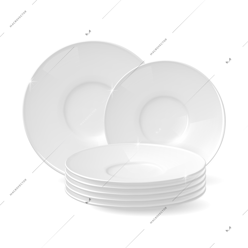 Composition of white plates of different sizes on a white background realistic vector illustration