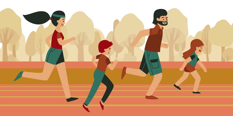 Family fitness composition with outdoor scenery of running track with family members characters jogging in uniform vector illustration