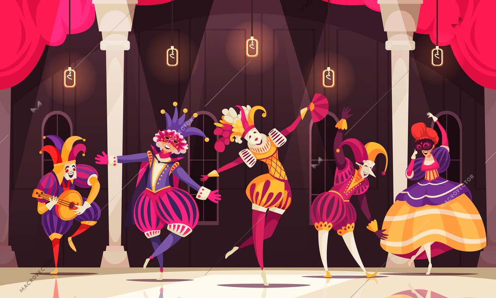 People wearing dresses and costumes of venetian jesters dancing and playing musical instrument at carnival in ball room cartoon vector illustration