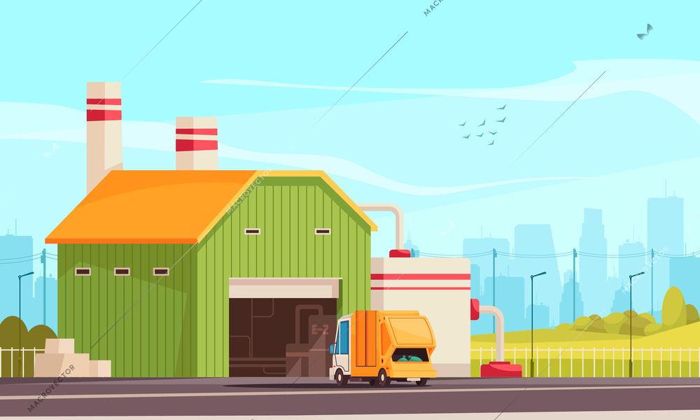 Cartoon garbage plant building exterior and truck on background with city silhouette vector illustration