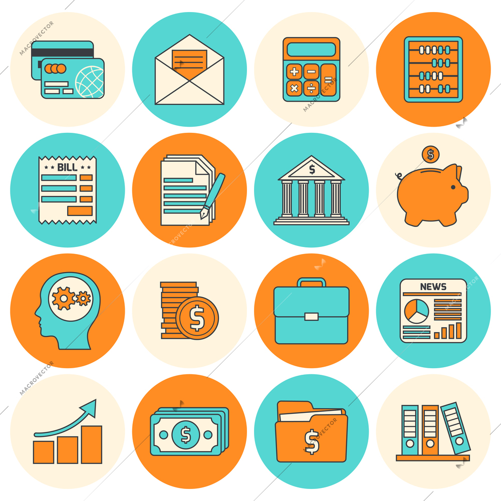 Accounting investments savings billing flat line icons set isolated vector illustration