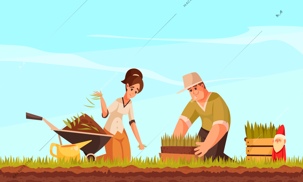 Man and woman doing gardening planting green lawn with wheelbarrow watering can gnome and blue sky on background cartoon vector illustration