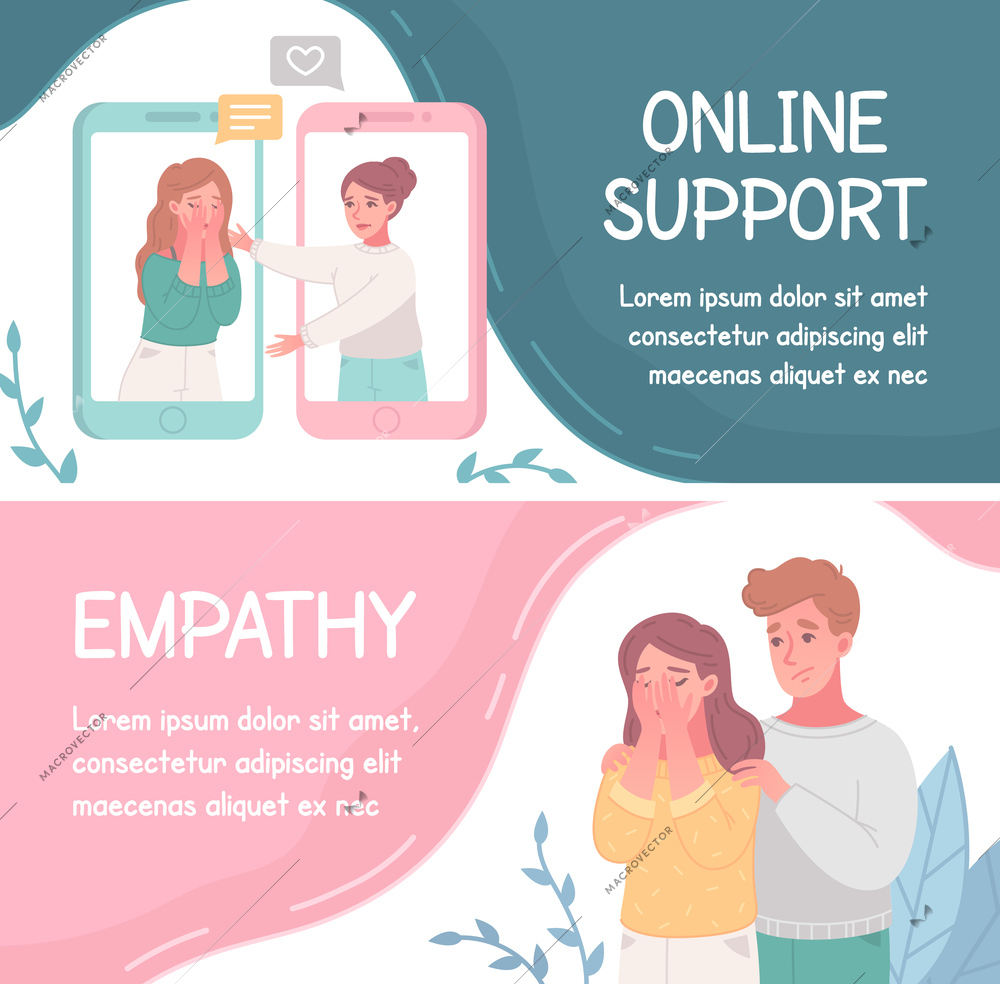 Set of two empathy cartoon characters horizontal banners with couples giving online support and editable text vector illustration