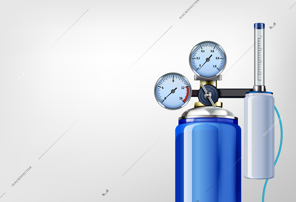 Oxygen tank and mask realistic composition with image of air tank with gauge valve and thermometer vector illustration