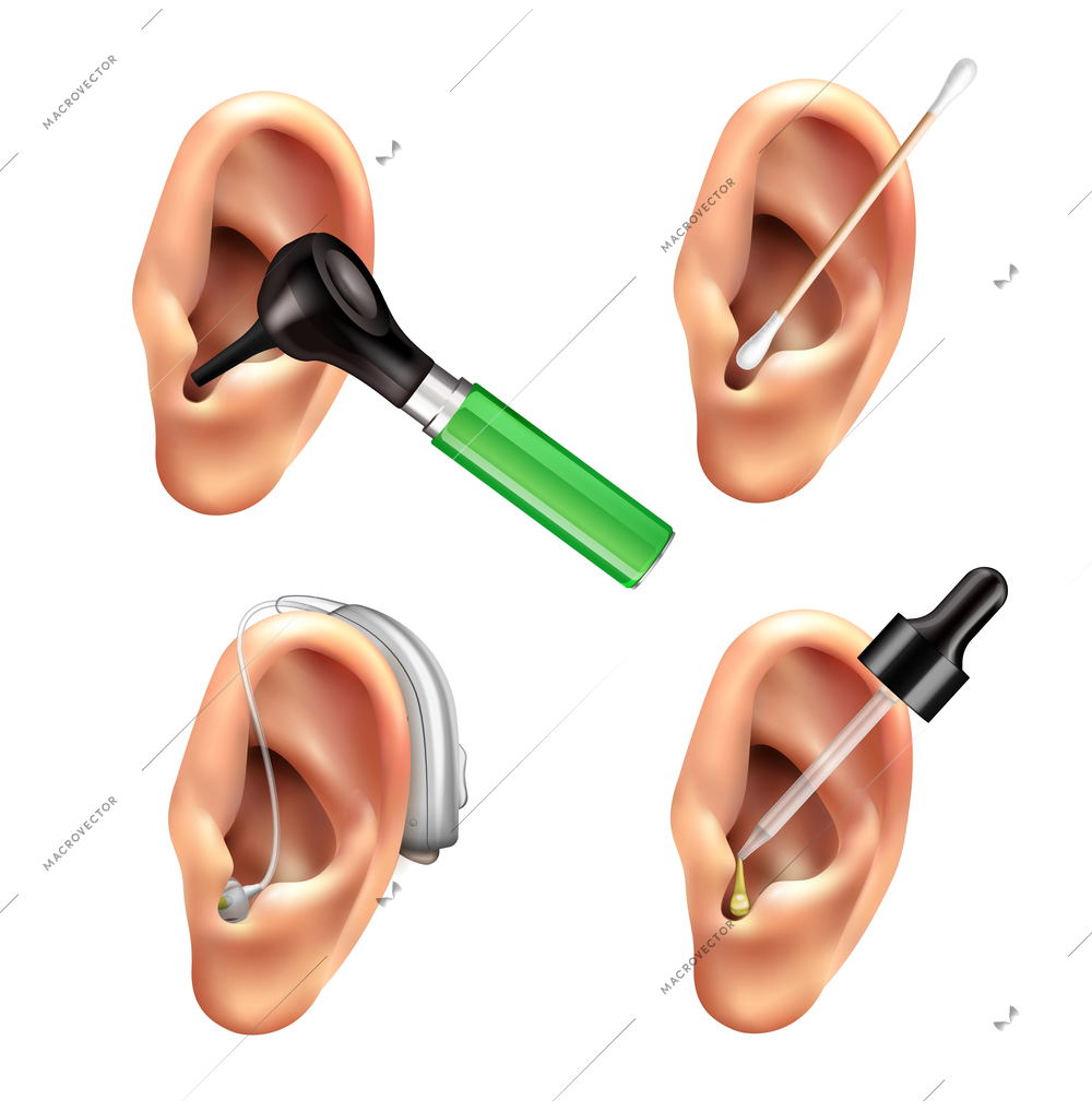 Hearing aid ear care realistic set with isolated images of human ears with drops and sticks vector illustration